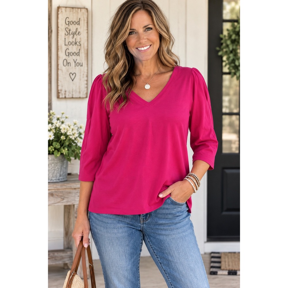 Chico's Magenta Pink V-Neck Puff Sleeve Top 3 XL Cotton Modal 3/4 Sleeve